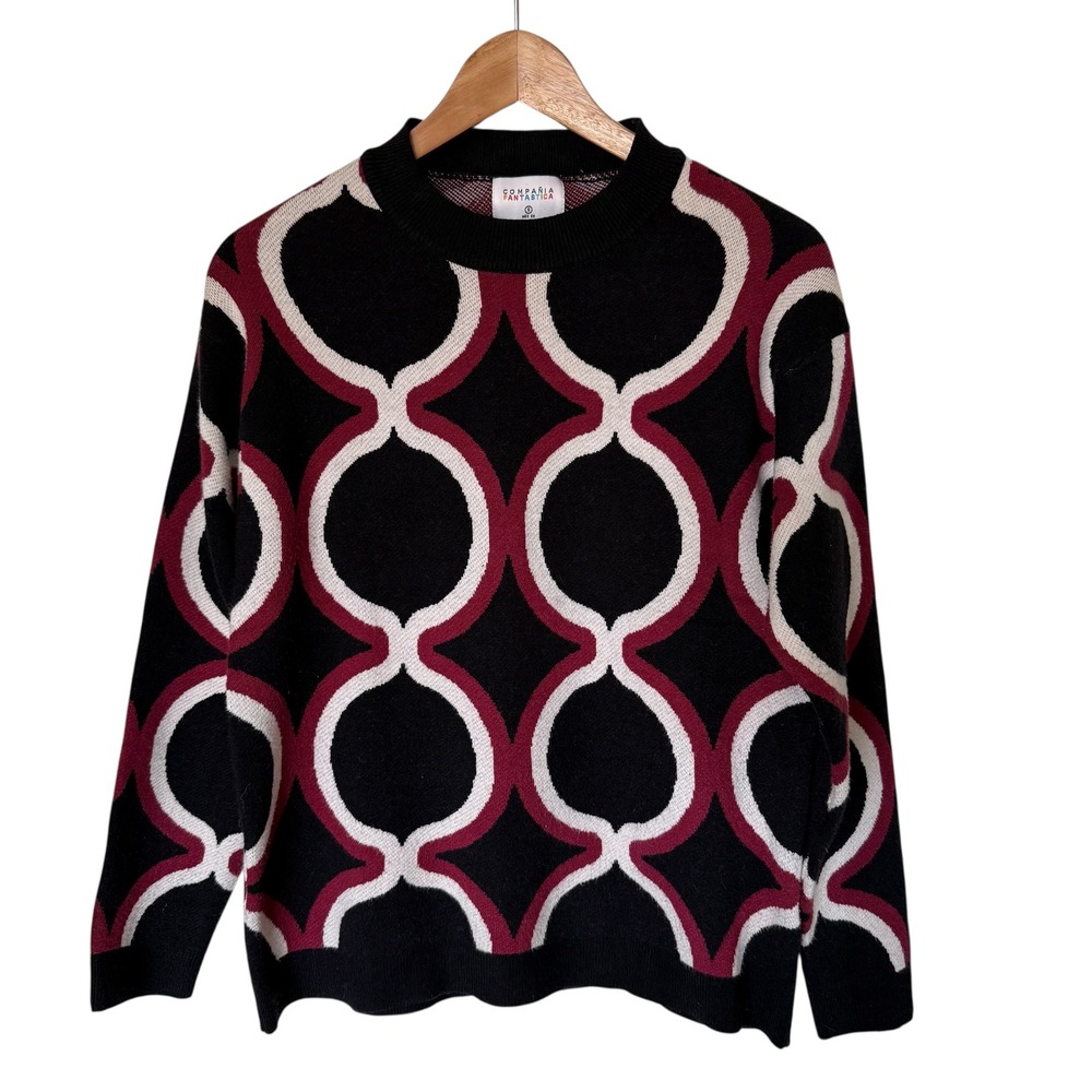 Compañia Fantástica Geometric Mod Sweater Womens S Black‎ Burgundy White